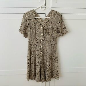 Vintage Liberty Fashions Rayon Tan Ditsy Floral Shoulder Pads Button Romper